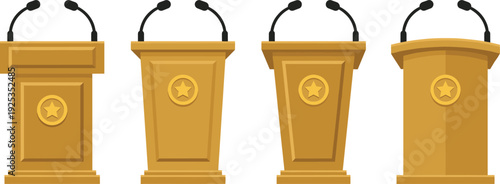 Golden podium tribune set with microphones, public speaking stage rostrum collection, political debate and conference vector illustration
