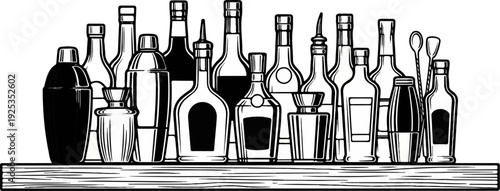 A collection of various bottles and bar tools arranged on a shelf