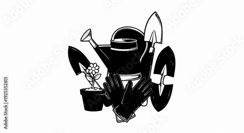 A collection of garden tools including a watering can, gloves, and trowels