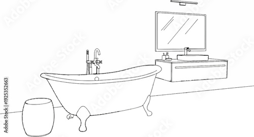 A line drawing of a bathroom scene with a bathtub, sink, and mirror