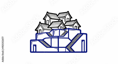 Stylized sketch of village houses on multi-level stepped platforms