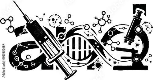 Stylized science imagery of DNA, syringe, microscope, and molecules