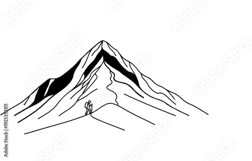 A solitary figure ascends a majestic mountain peak under a vast sky