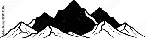 Stylized black and white sketch of multiple mountain peaks