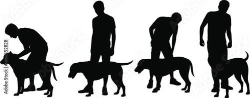Silhouettes of men interacting with dogs black white