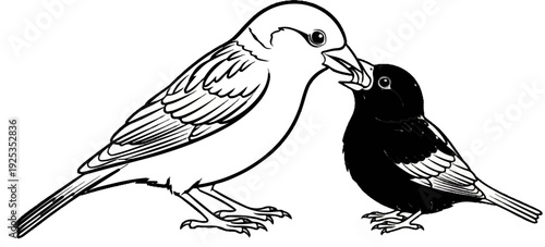 Two sparrows, one feeding the other, outlined and filled with black