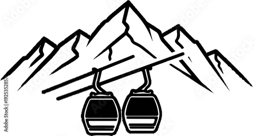 Stylized black and white drawing of mountains and gondolas