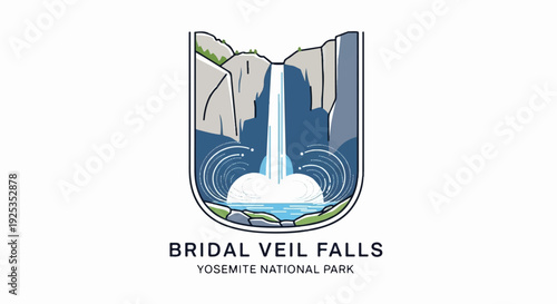 Stylized illustration of a majestic waterfall cascading into a serene pool