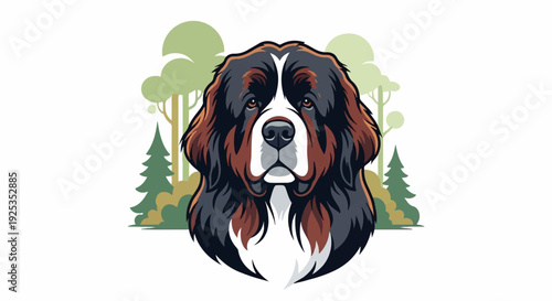 A stylized portrait of a fluffy tri-color dog in a forest setting