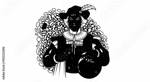 Stylized portrait of a man in historical attire holding a globe