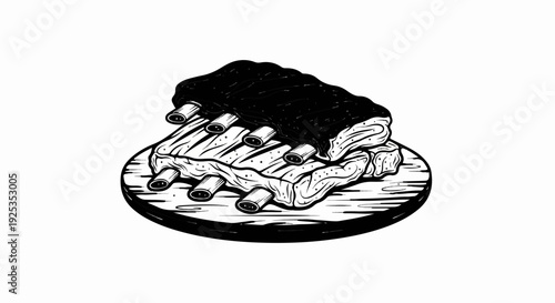 Stacked ribs on a wooden platter, black and white illustration