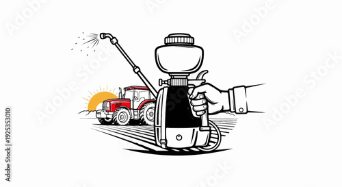 A hand holds a sprayer near a tractor in a field at sunrise