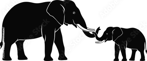 Elephant mother and calf silhouette African wildlife animals isolated on white background vector illustration design