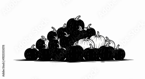 A large pile of black and white pumpkins, rendered in a simple line drawing style
