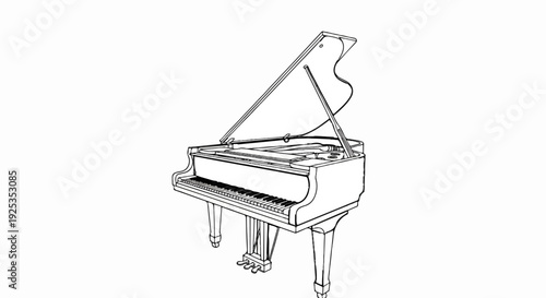A black and white sketch of a grand piano with its lid open