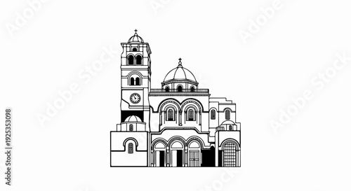 A detailed black and white sketch of a large, multi-domed church with a bell tower