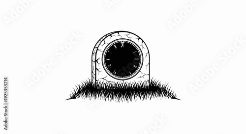 A cracked tombstone shaped clock face emerges from grass