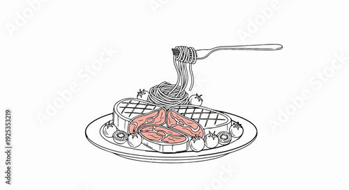 A fork lifts spaghetti above grilled steaks and tomatoes on a plate