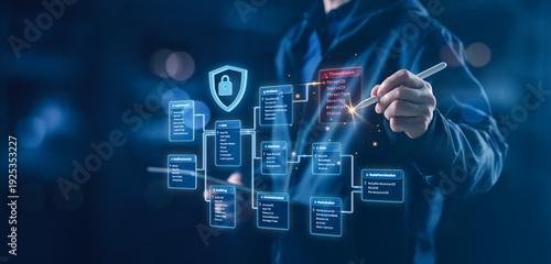Cybersecurity professional managing secure database architecture with digital interface showing threat detection, access control, and encryption systems for enterprise data protection.