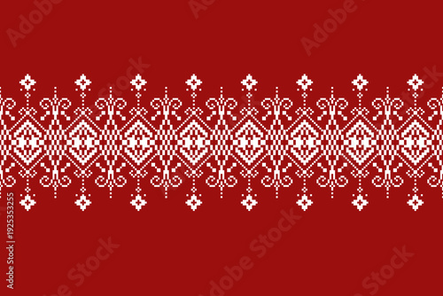 Red and white pixel pattern with a centered horizontal ornamental band featuring diamond geometry and scroll motifs. Symmetrical layout with wide negative space for textile and surface design.