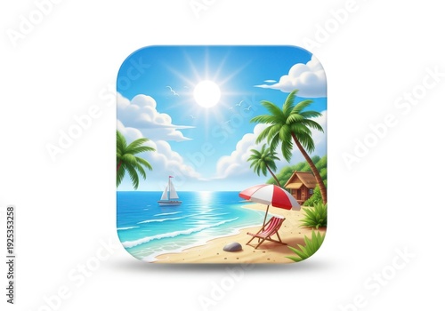 Tranquil beach scene with palm trees and clear blue skies under the bright sun