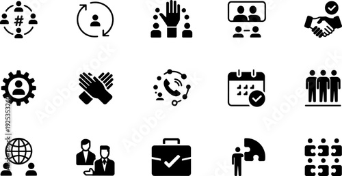 Black teamwork and collaboration icon set, communication, partnership, leadership, problem-solving, global cooperation, business success, virtual meeting illustration