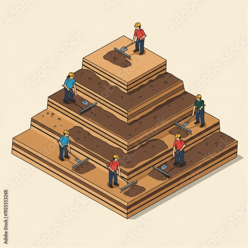 Construction workers building a pyramid structure with shovels.