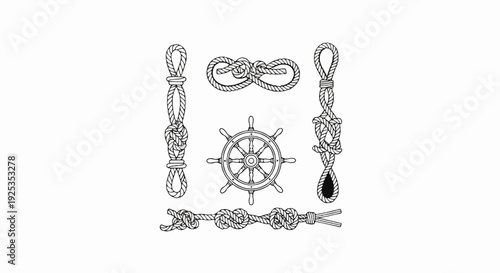 A nautical illustration showcasing various knots and a ship's wheel