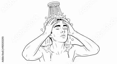 A person washes their hair under a shower with soap bubbles