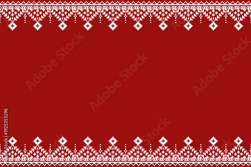 Red and white pixel border pattern with symmetrical top and bottom ornamental bands and wide central negative space. Diamond and floral motifs arranged in a horizontal textile layout.