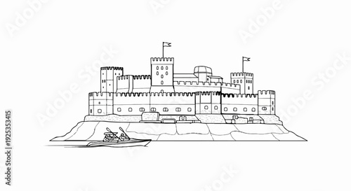 A medieval castle stands on a hill overlooking a tranquil river with a boat