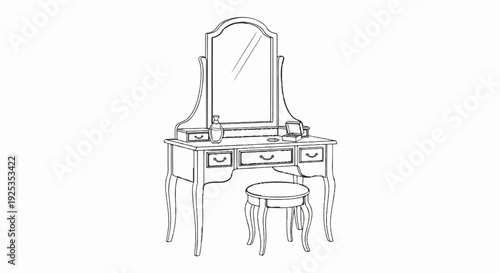 Vintage vanity table with mirror, perfume, and jewelry box, including stool