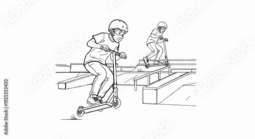 Two kids on scooters ride through a skate park with ramps