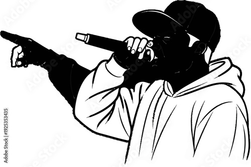 A stylish figure in a cap and hoodie, holding a microphone, points to the side