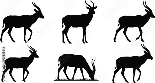 Antelope silhouettes set wild African safari animals standing walking and grazing isolated on white background vector illustration