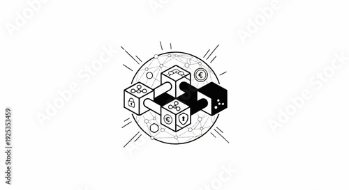 Abstract interconnected blocks and globe with security and currency symbols