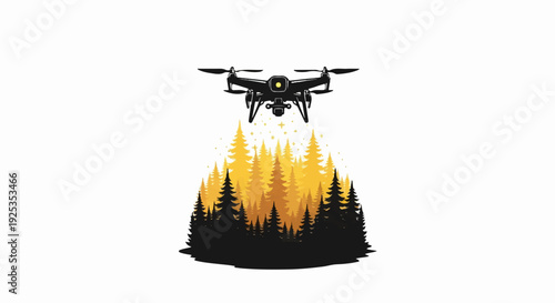 A dark drone hovers over a silhouette of pine trees with golden foliage