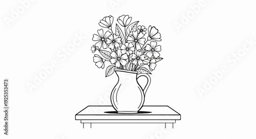 A detailed line drawing shows a pitcher overflowing with delicate flowers and leaves on a table
