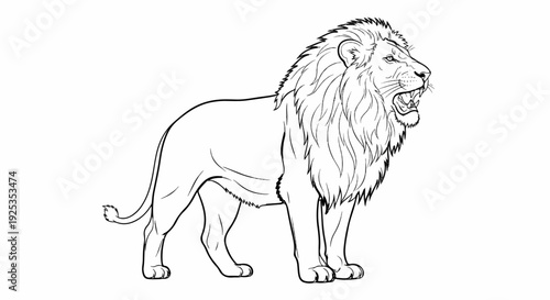 A detailed outline drawing of a roaring lion with a full mane