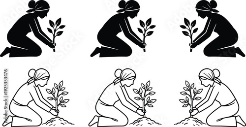 Woman planting tree silhouette and outline icon collection illustrating gardening activity, environmental conservation, eco lifestyle and sustainable nature care concept