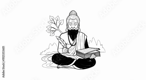 Ancient man with beard, feather, scrolls, and plant