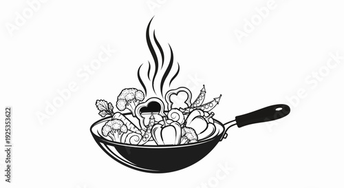 Black and white illustration of a wok filled with various vegetables and steaming