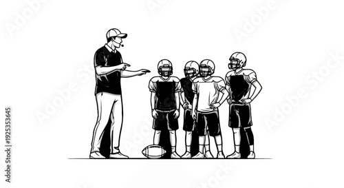 Coach instructing young football players in a huddle