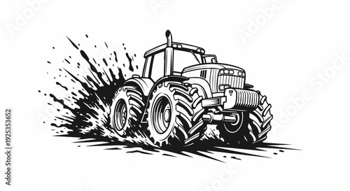 Stylized illustration of a powerful tractor kicking up dirt and mud