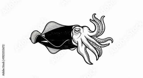 Stylized black and white illustration of a squid with tentacles