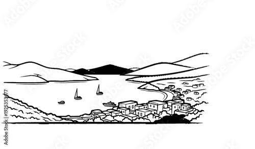 A serene coastal village nestled beside a bay with sailboats dotting the water