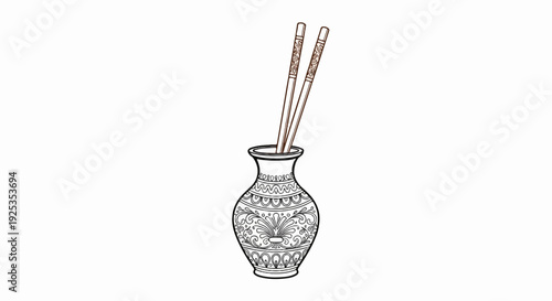 Decorated vase with two ornate chopsticks