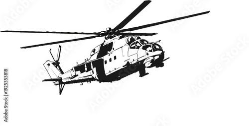 A striking black and white illustration of a powerful, multi-rotor aircraft in flight