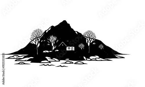 A solitary house sits nestled at the base of a dark mountain