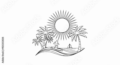 Surfer rides wave under sun between palm trees with sailboat